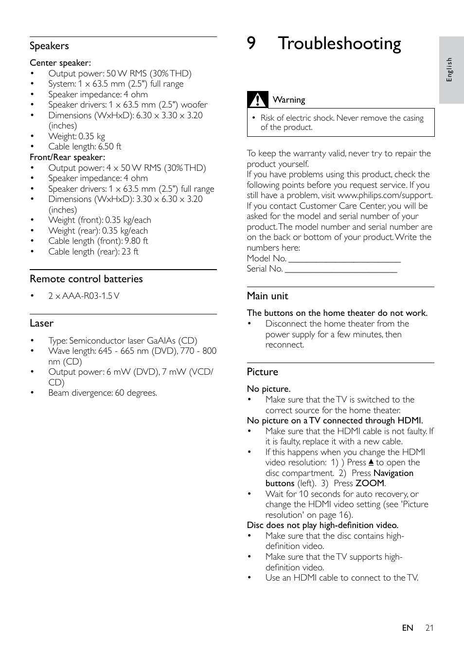 6 change settings, Picture, Picture settings and format | Picture resolution, High definition picture, Sound, Hdmi audio, Language, 9 troubleshooting | Philips HTS3531-F7 User Manual | Page 23 / 28