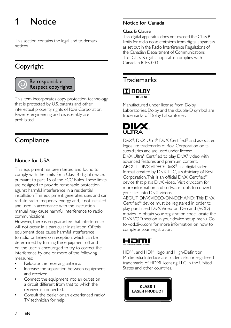 1 notice, Copyright, Compliance | Notice for usa, Notice for canada, Trademarks | Philips HTS3531-F7 User Manual | Page 4 / 28