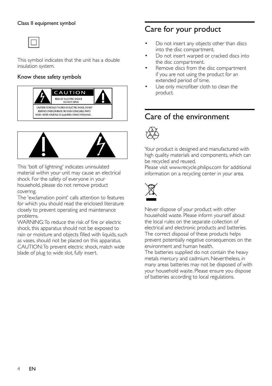 2 important, Safety, Care for your product | Care of the environment | Philips HTS3531-F7 User Manual | Page 6 / 28