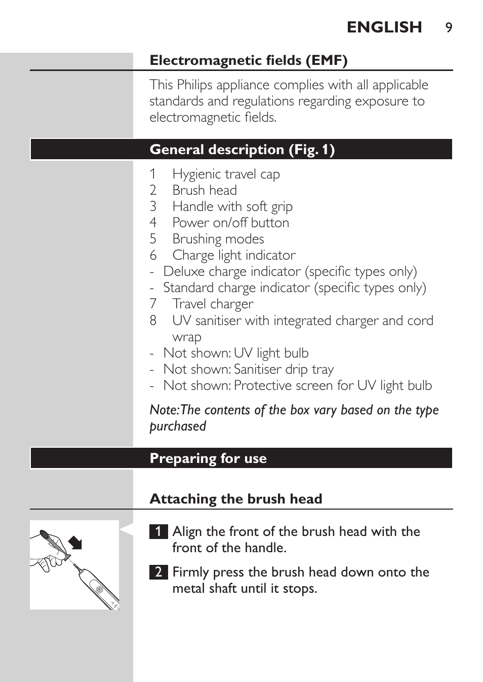 Philips Sonicare HealthyWhite Rechargeable sonic toothbrush HX6731-34 3 Modes 2 brush heads Whitening pen User Manual | Page 9 / 282