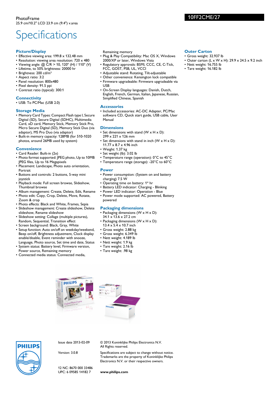 Specifications | Philips 10FF2CME-27E User Manual | Page 3 / 3
