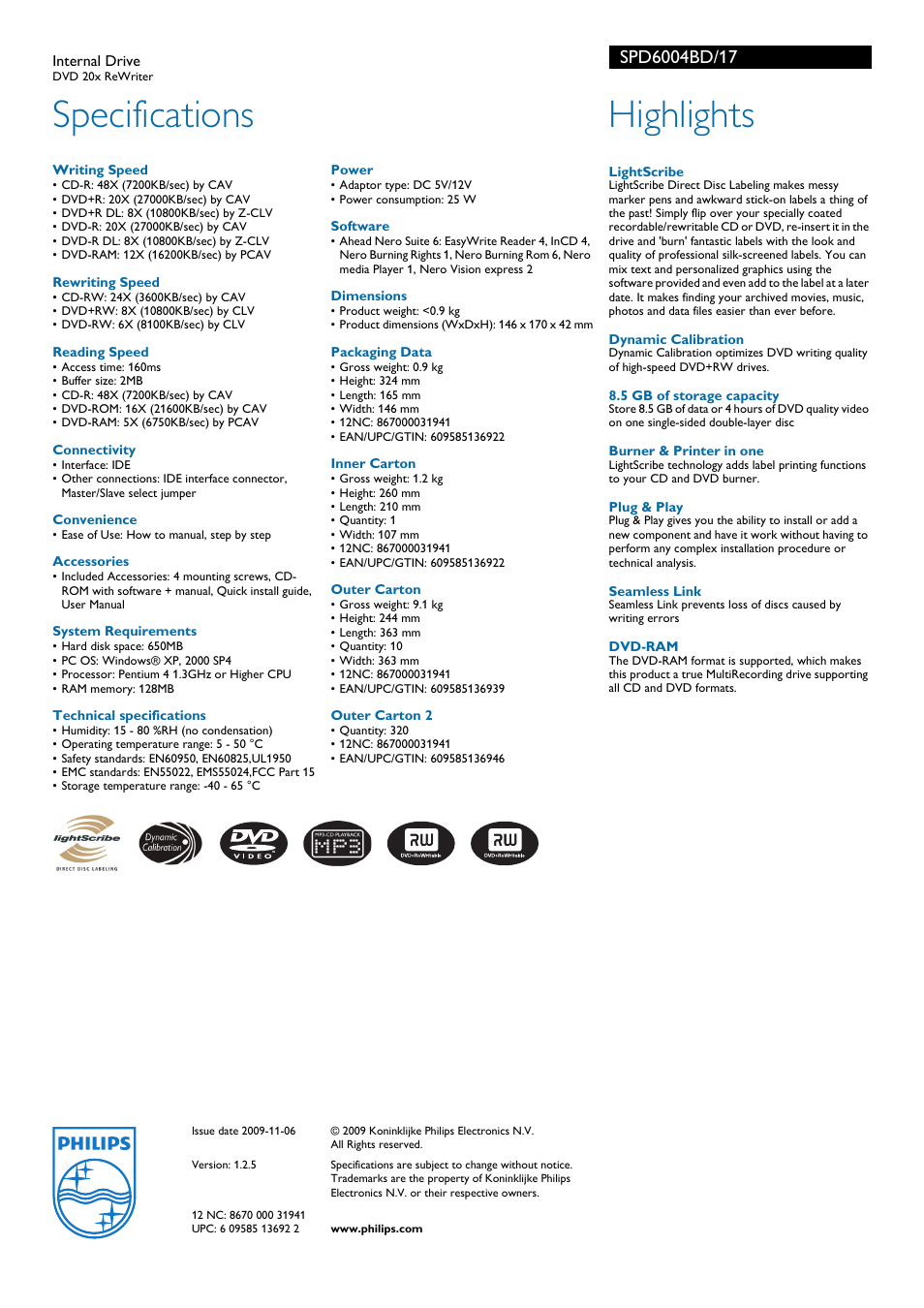 Specifications, Highlights | Philips SPD6004BD-17 User Manual | Page 2 / 2