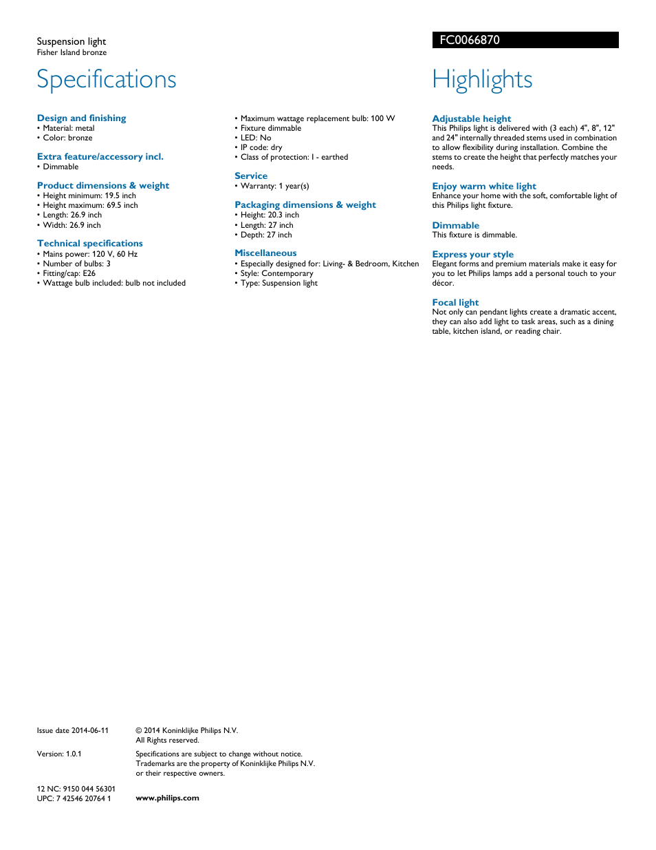 Specifications, Highlights | Philips FC0066870 User Manual | Page 2 / 2