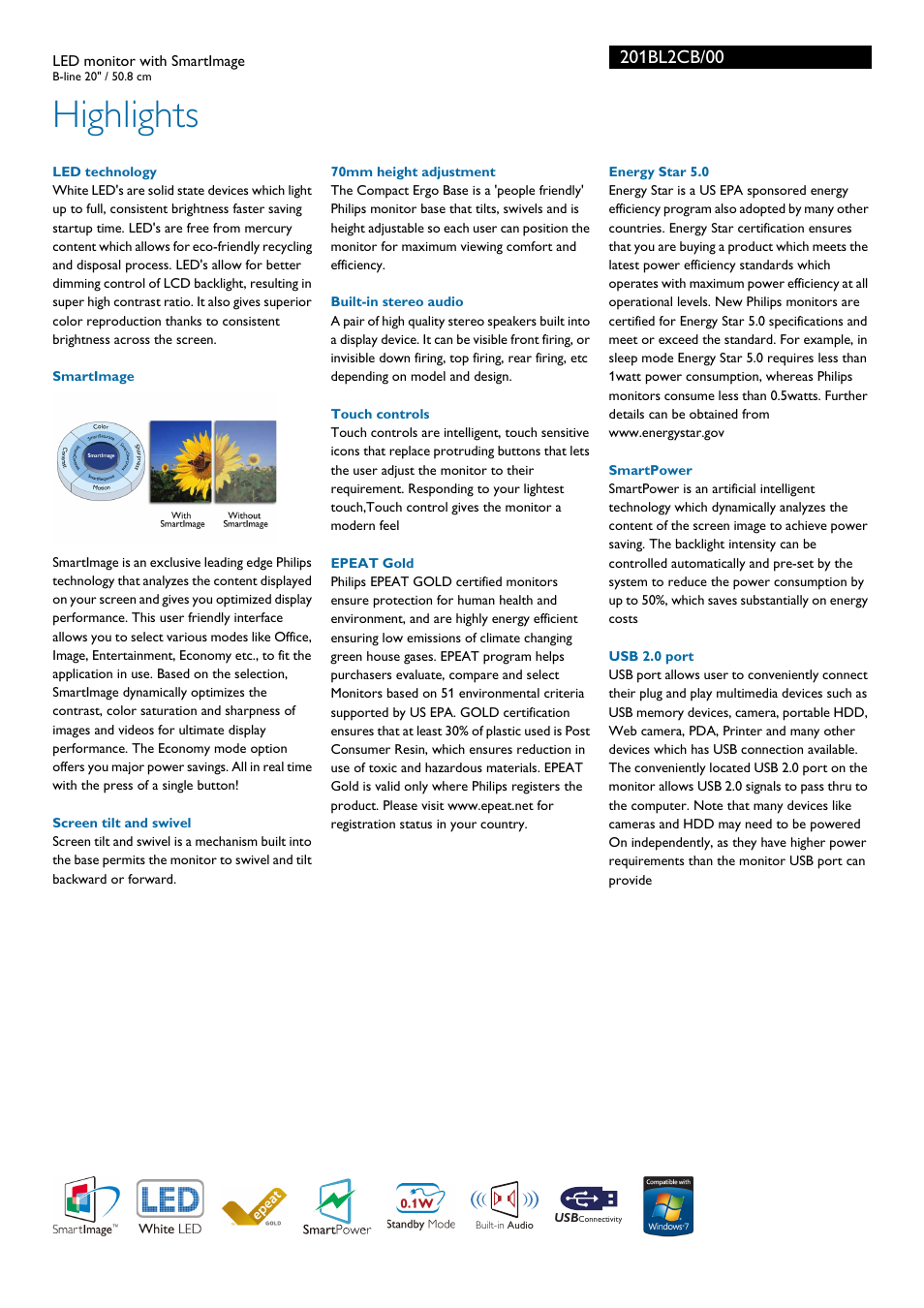 Highlights | Philips 201BL2CB-00 User Manual | Page 2 / 3