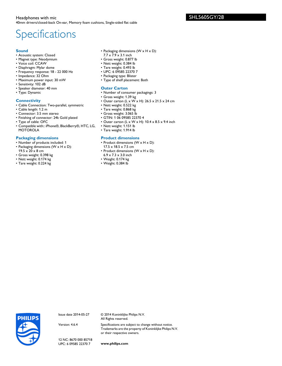 Specifications | Philips SHL5605GY-28 User Manual | Page 3 / 3