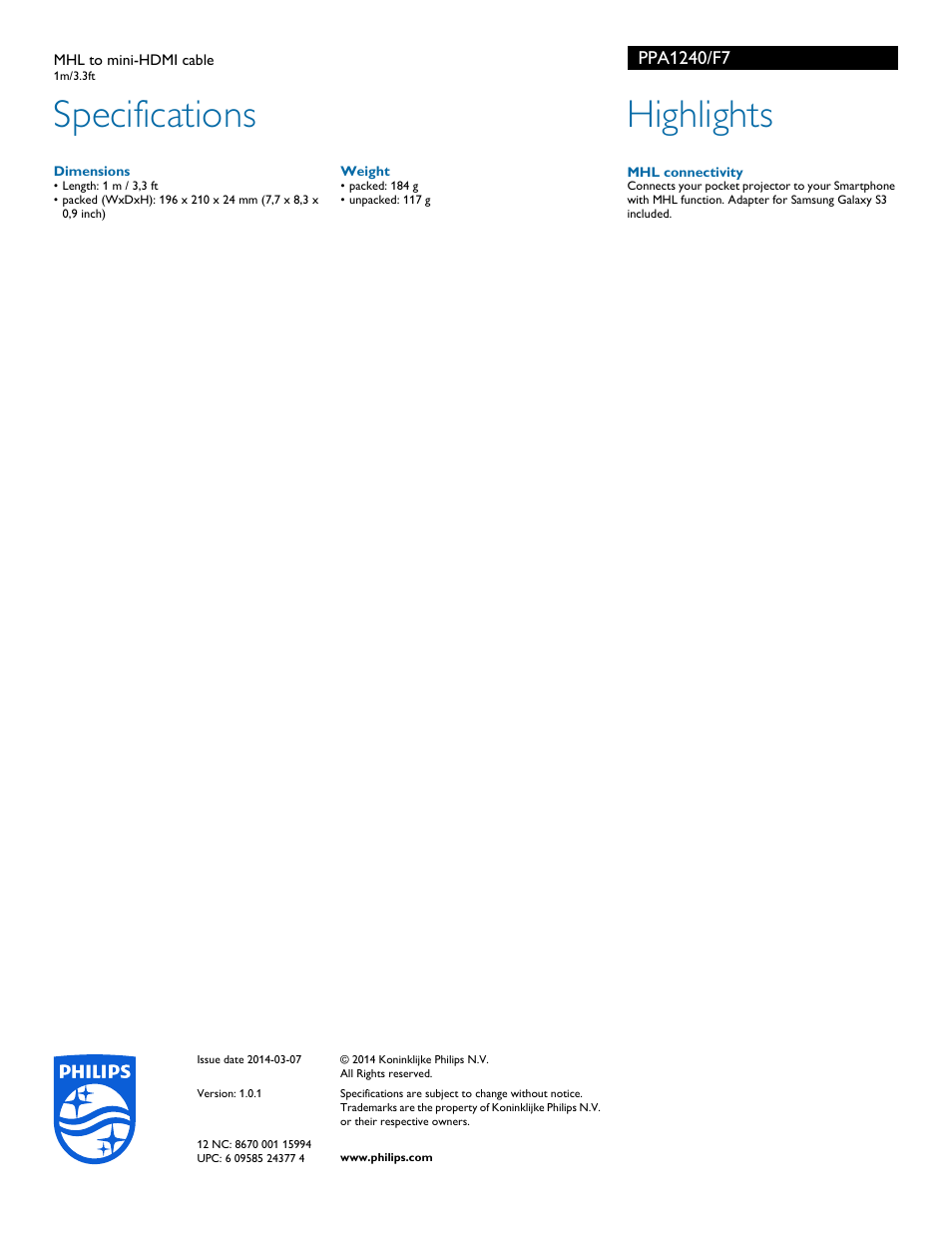 Specifications, Highlights | Philips PPA1240-F7 User Manual | Page 2 / 2