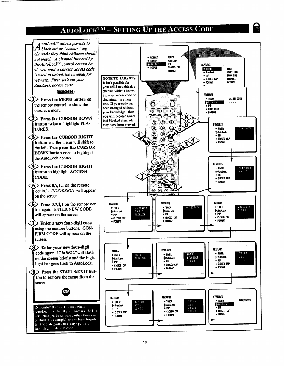 Autolock^ '* “ setting up the access code, Autolock™ - setting up the access code, Autolock^ '* “ s | Philips 26LL500 User Manual | Page 19 / 52