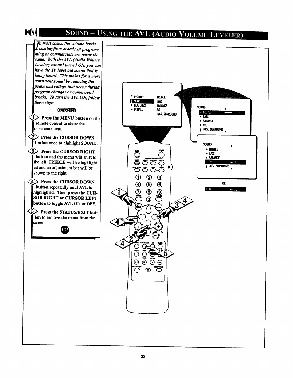 Sound - using tiii: avl (audio volumi: li:m:ui:r), D (3) (§), 3> o-cxp | Philips 26LL500 User Manual | Page 30 / 52