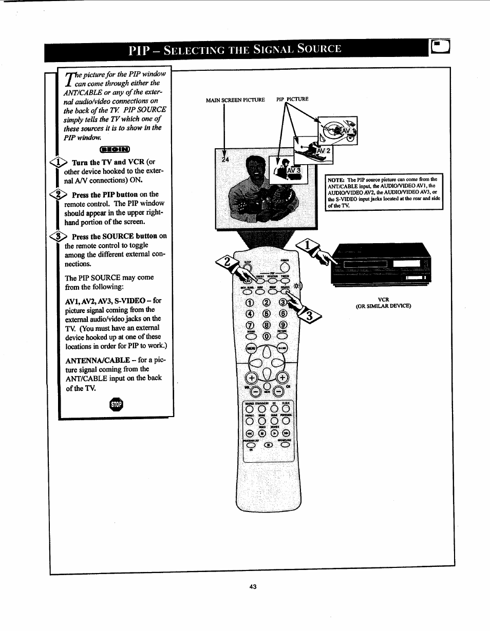 Pip ~ selecting the signal source, Pip - selecting the signal source, O (g) o | Philips 26LL500 User Manual | Page 43 / 52