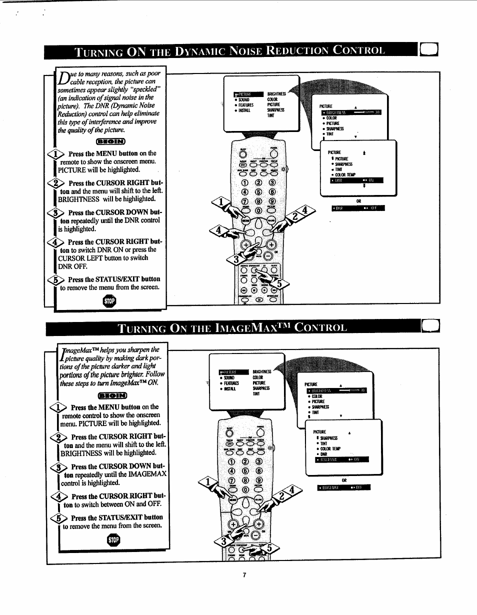 Turning on the dvnaivhc noise reduction control, Turning on the imagemax^^* control, Tliming on the imagemax™ control | Philips 26LL500 User Manual | Page 7 / 52