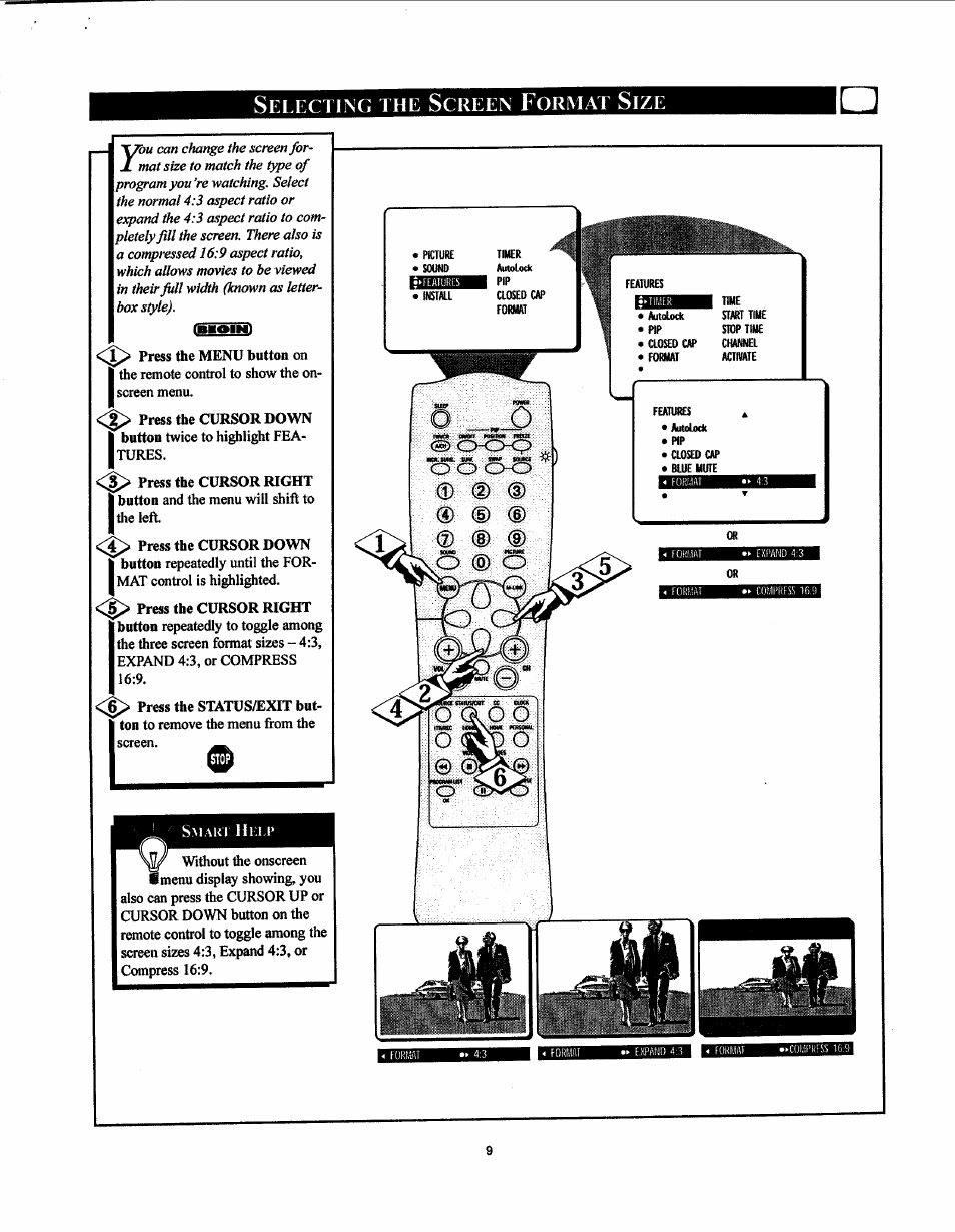 Selecting the screen format size, 0 (d (d, Electing | Creen, Ormat, O o cx3 | Philips 26LL500 User Manual | Page 9 / 52