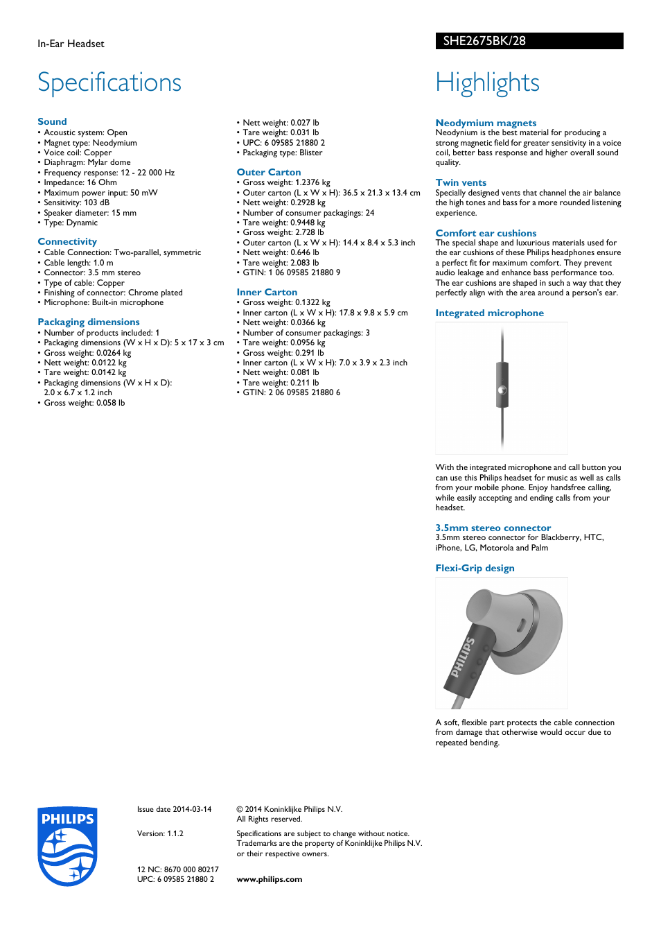 Specifications, Highlights | Philips SHE2675BK-28 User Manual | Page 2 / 2