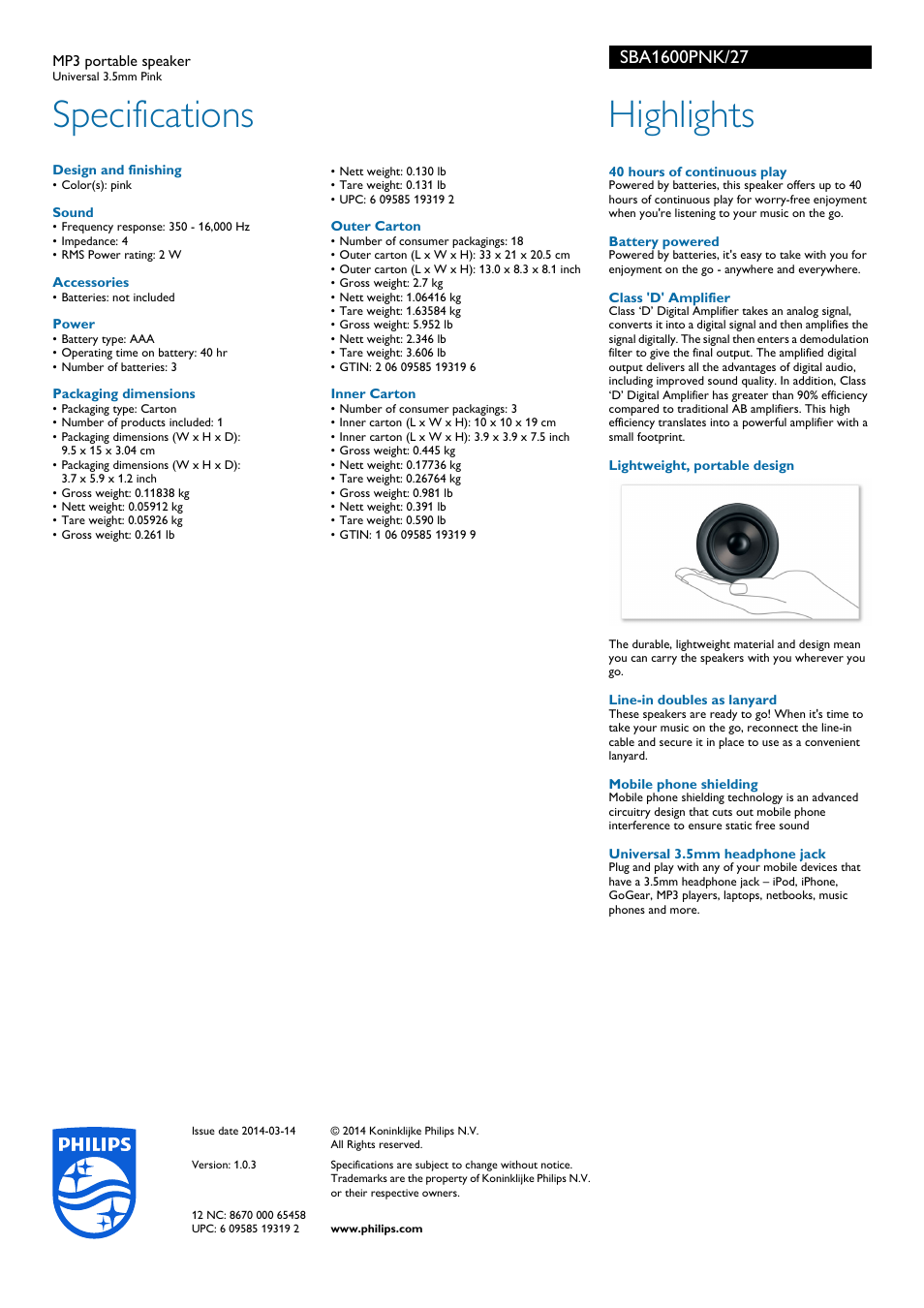 Specifications, Highlights | Philips SBA1600PNK-27 User Manual | Page 2 / 2