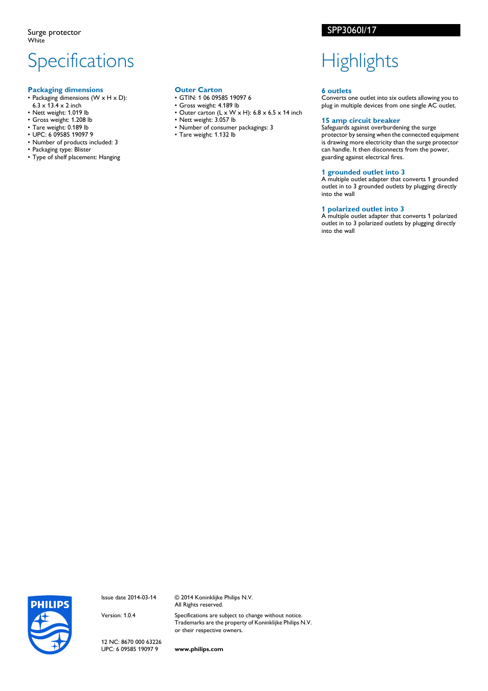 Specifications, Highlights | Philips SPP3060I-17 User Manual | Page 2 / 2