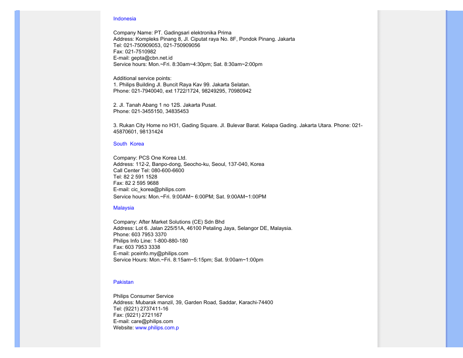 Indonesia, Malaysia, Pakistan | South korea | Philips 220P1ES-00 User Manual | Page 86 / 97