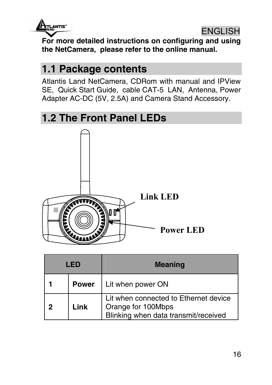 English, 1 package contents, 2 the front panel leds | Power led link led | Atlantis Land A02-IPCAM-W54 User Manual | Page 16 / 33