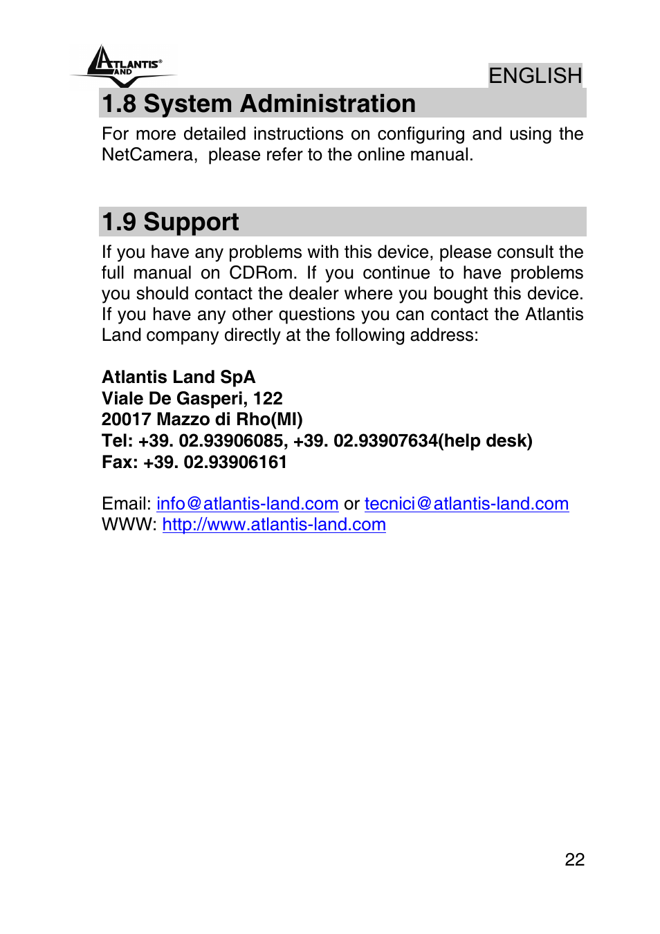 8 system administration, 9 support, English | Atlantis Land A02-IPCAM-W54 User Manual | Page 22 / 33