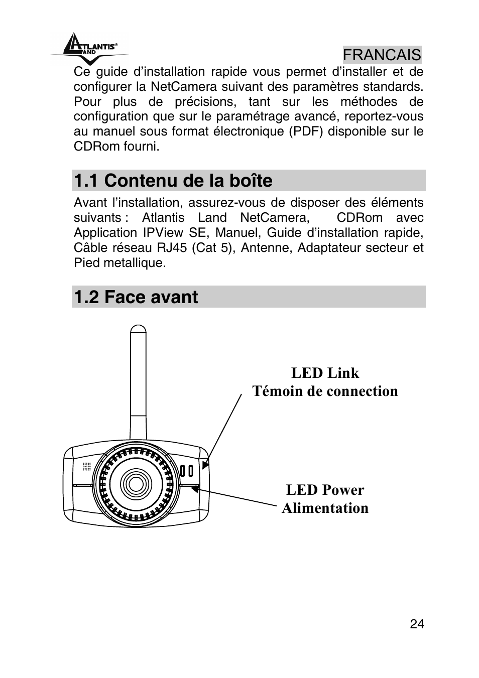 Francais, 1 contenu de la boîte, 2 face avant | Atlantis Land A02-IPCAM-W54 User Manual | Page 24 / 33