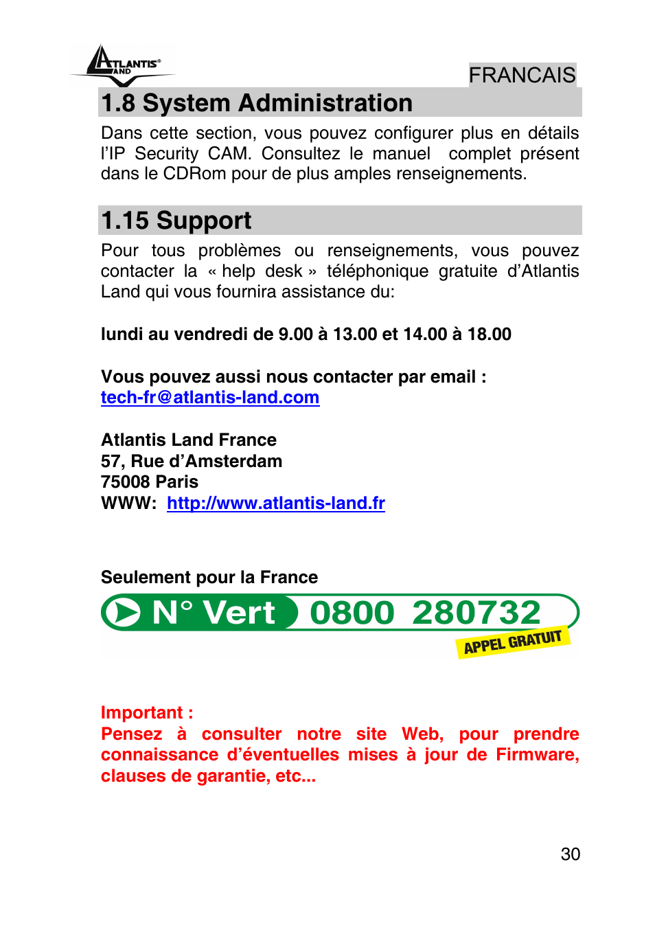 8 system administration, 15 support, Francais | Atlantis Land A02-IPCAM-W54 User Manual | Page 30 / 33