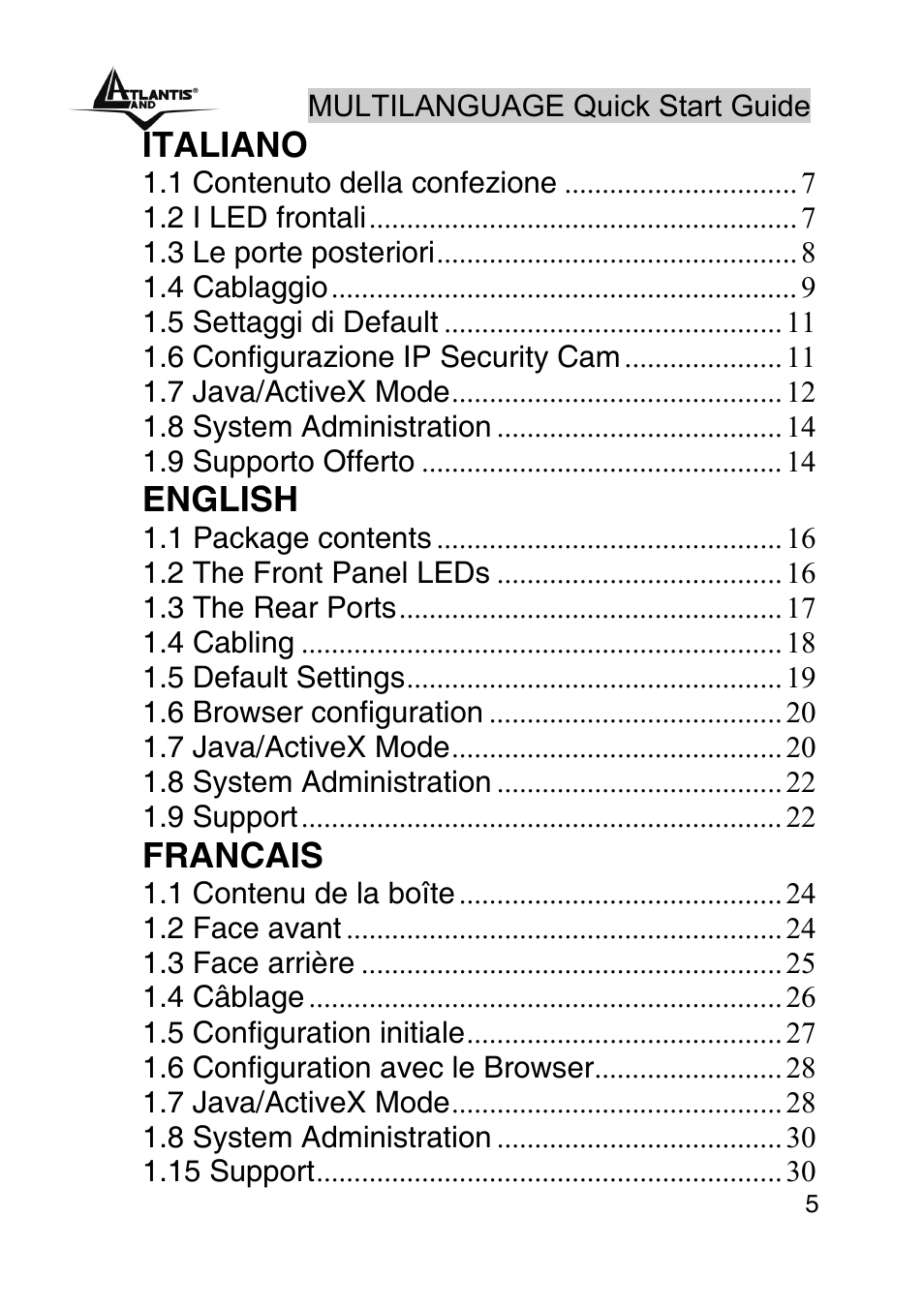 Index, Italiano, English | Francais | Atlantis Land A02-IPCAM-W54 User Manual | Page 5 / 33