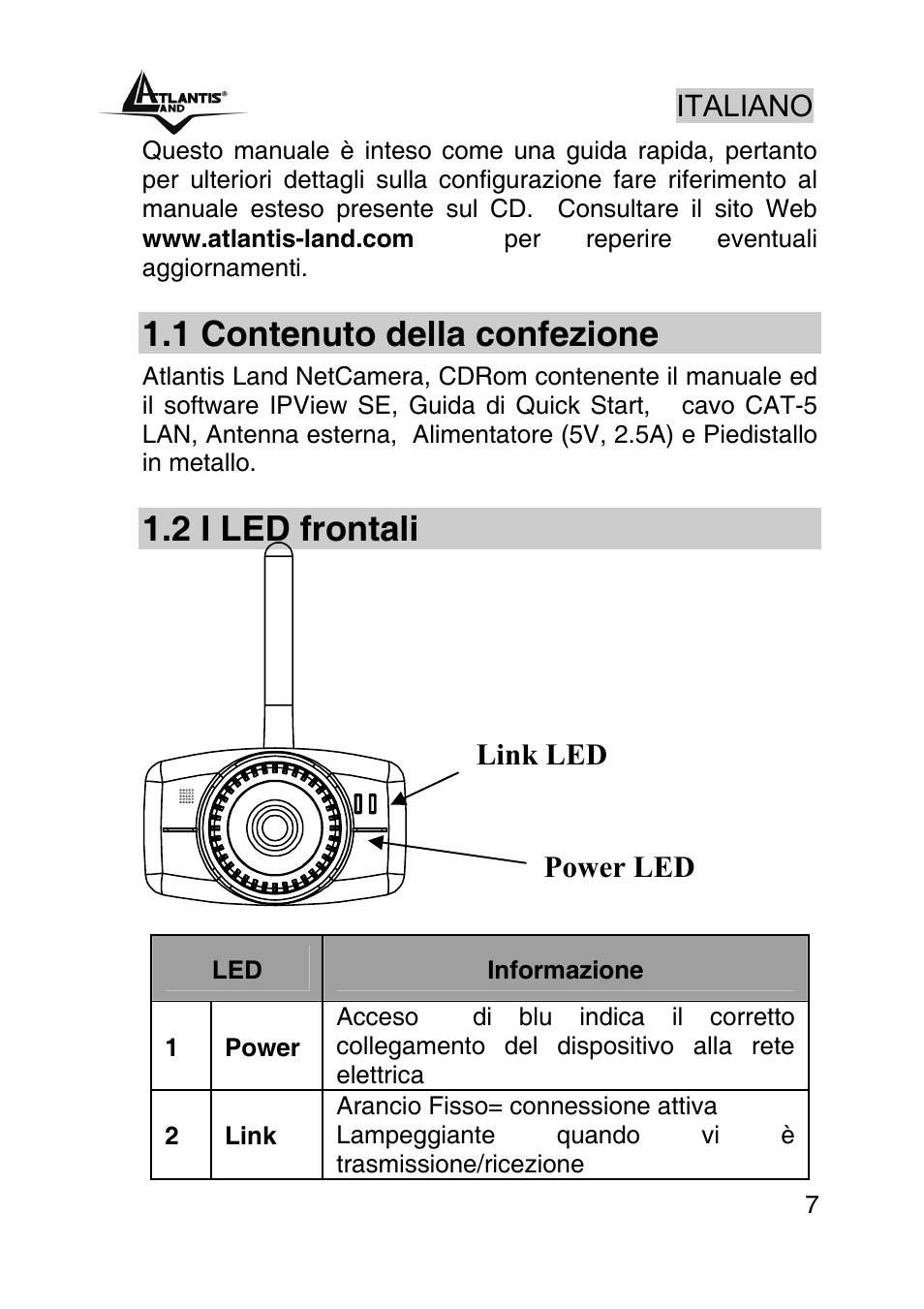 Italiano, 1 contenuto della confezione, 2 i led frontali | Power led link led | Atlantis Land A02-IPCAM-W54 User Manual | Page 7 / 33
