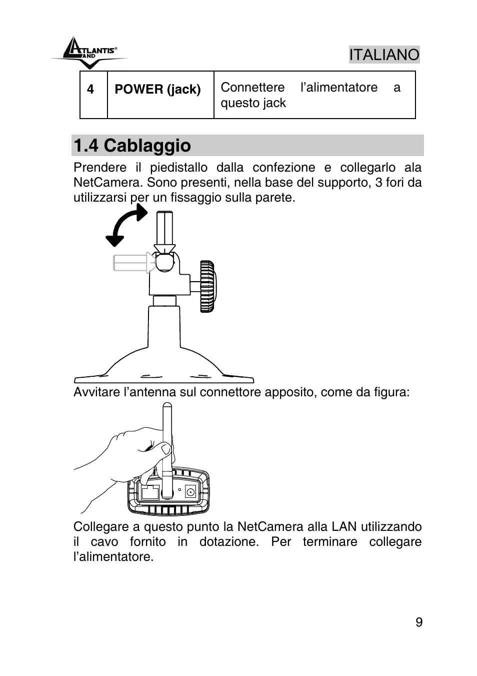 4 cablaggio, Italiano | Atlantis Land A02-IPCAM-W54 User Manual | Page 9 / 33