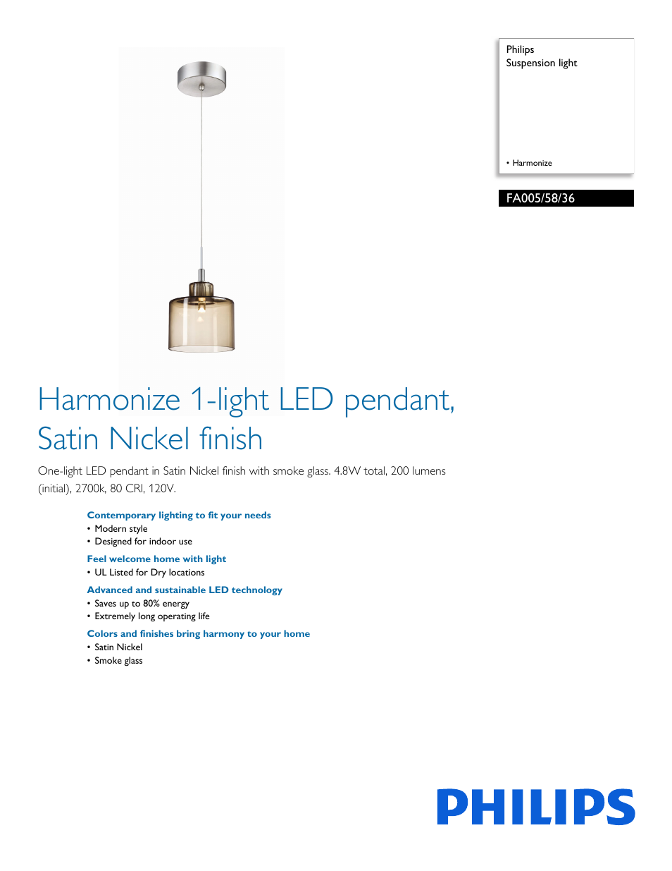 Philips Forecast Suspension light FA005-58-36 Harmonize User Manual | 2 pages