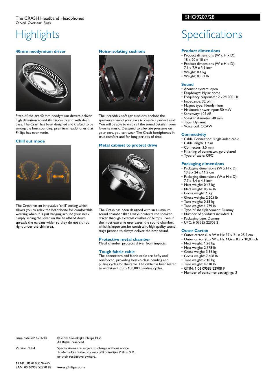 Highlights, Specifications | Philips SHO9207-28 User Manual | Page 2 / 2