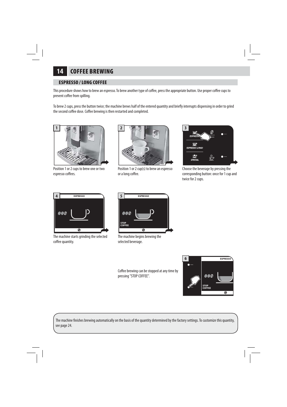 Coffee brewing, Espresso / long coffee | Philips 10003278 User Manual | Page 21 / 110