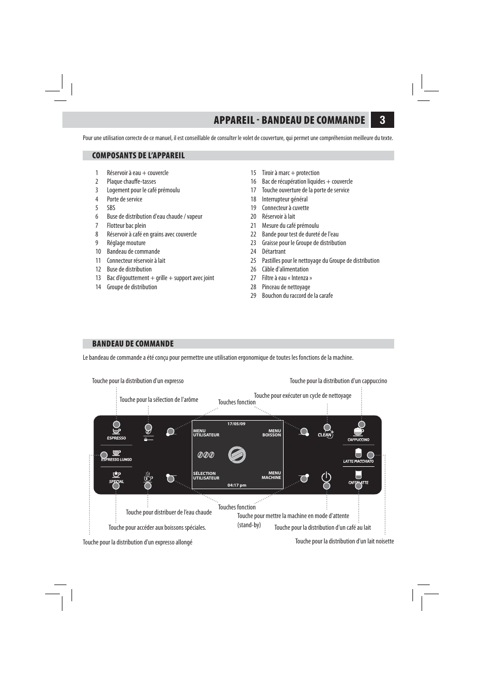 3appareil  bandeau de commande, Composants de l’appareil, Bandeau de commande | Philips 10003278 User Manual | Page 62 / 110