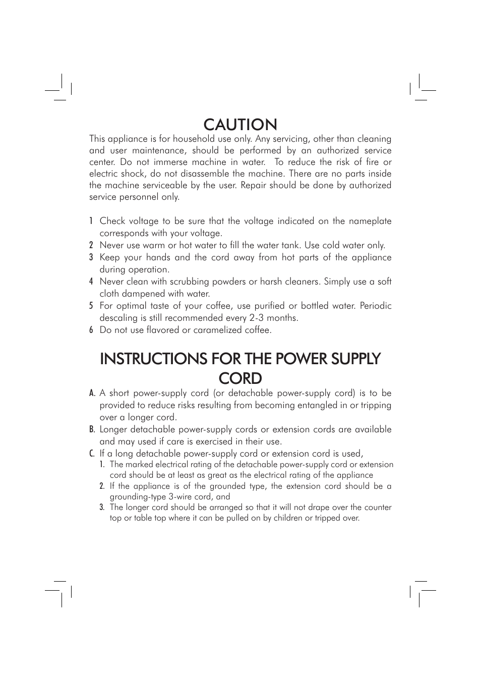 Caution, Instructions for the power supply cord | Philips 10003278 User Manual | Page 7 / 110