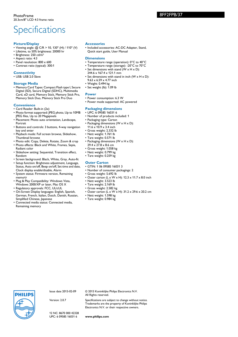 Specifications, 8ff2fpb/37 | Philips 8FF2FPB-37B User Manual | Page 3 / 3