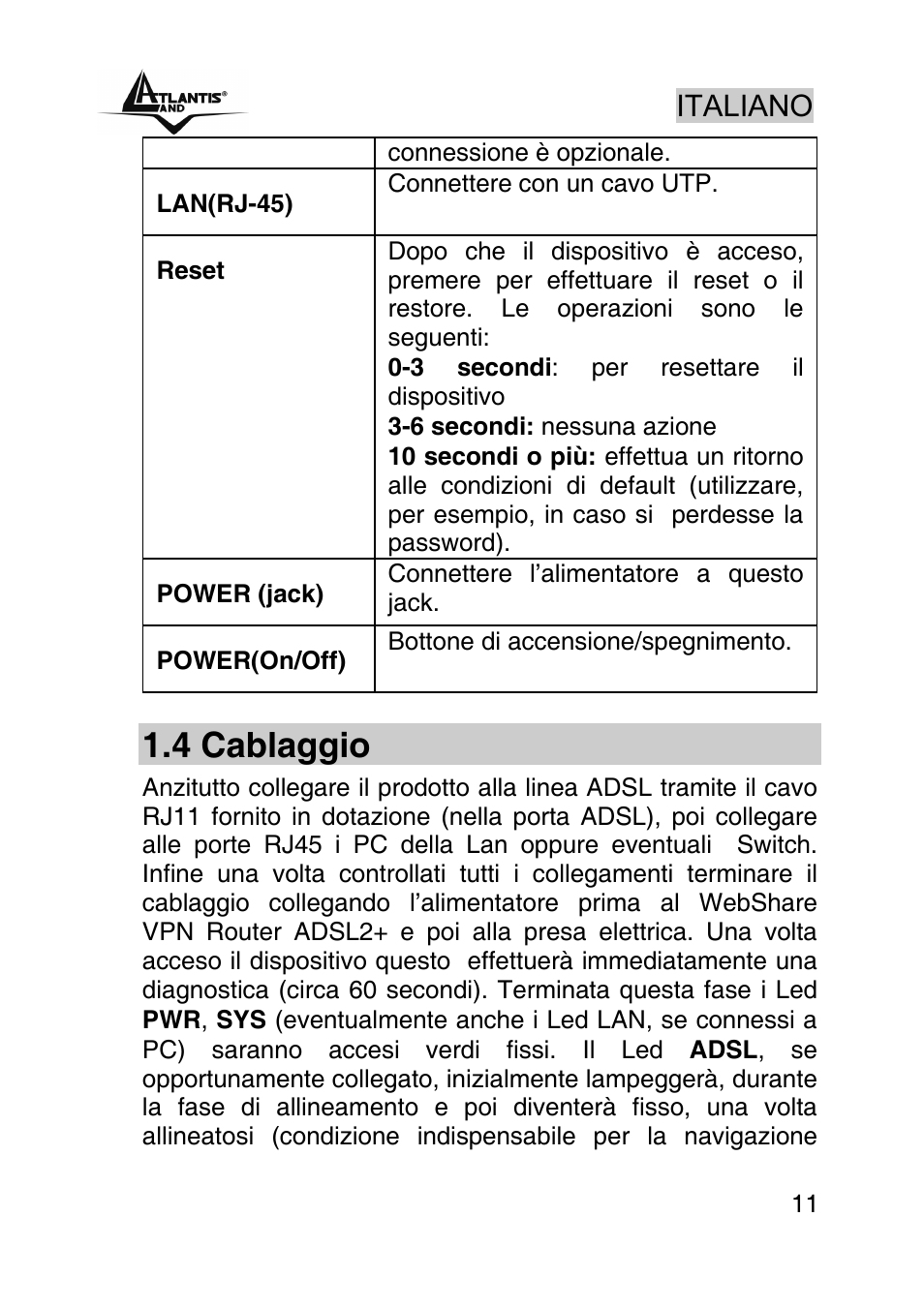 4 cablaggio, Italiano | Atlantis Land A02-RA440 User Manual | Page 11 / 81