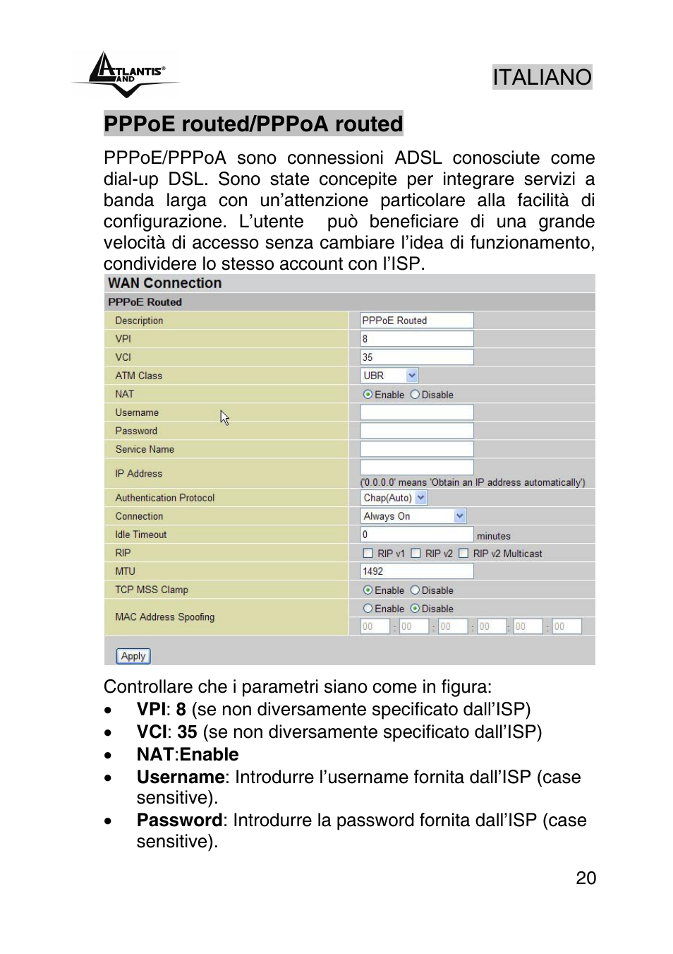 Italiano, Pppoe routed/pppoa routed | Atlantis Land A02-RA440 User Manual | Page 20 / 81