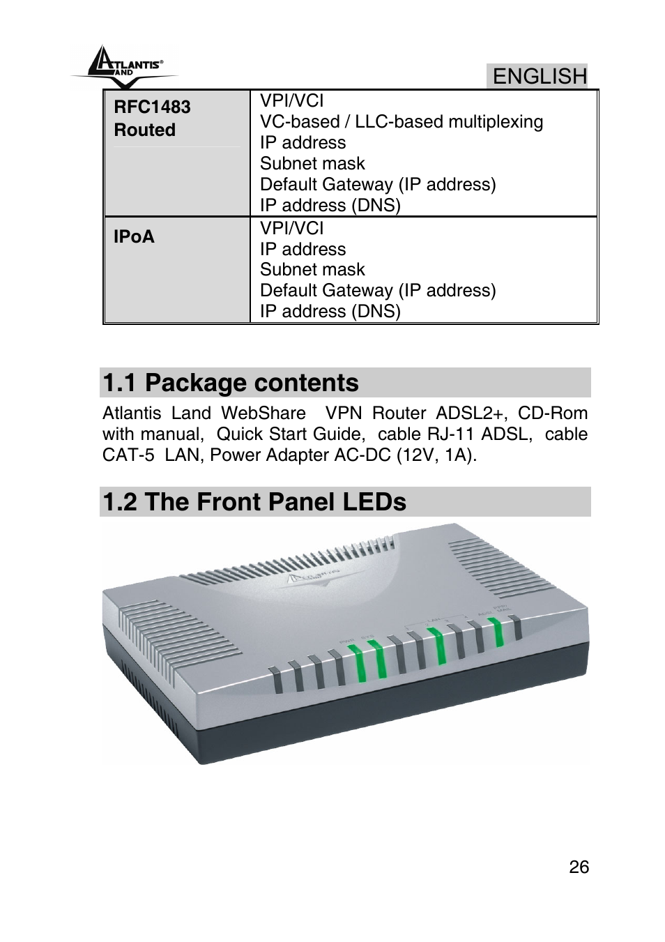 1 package contents, 2 the front panel leds | Atlantis Land A02-RA440 User Manual | Page 26 / 81