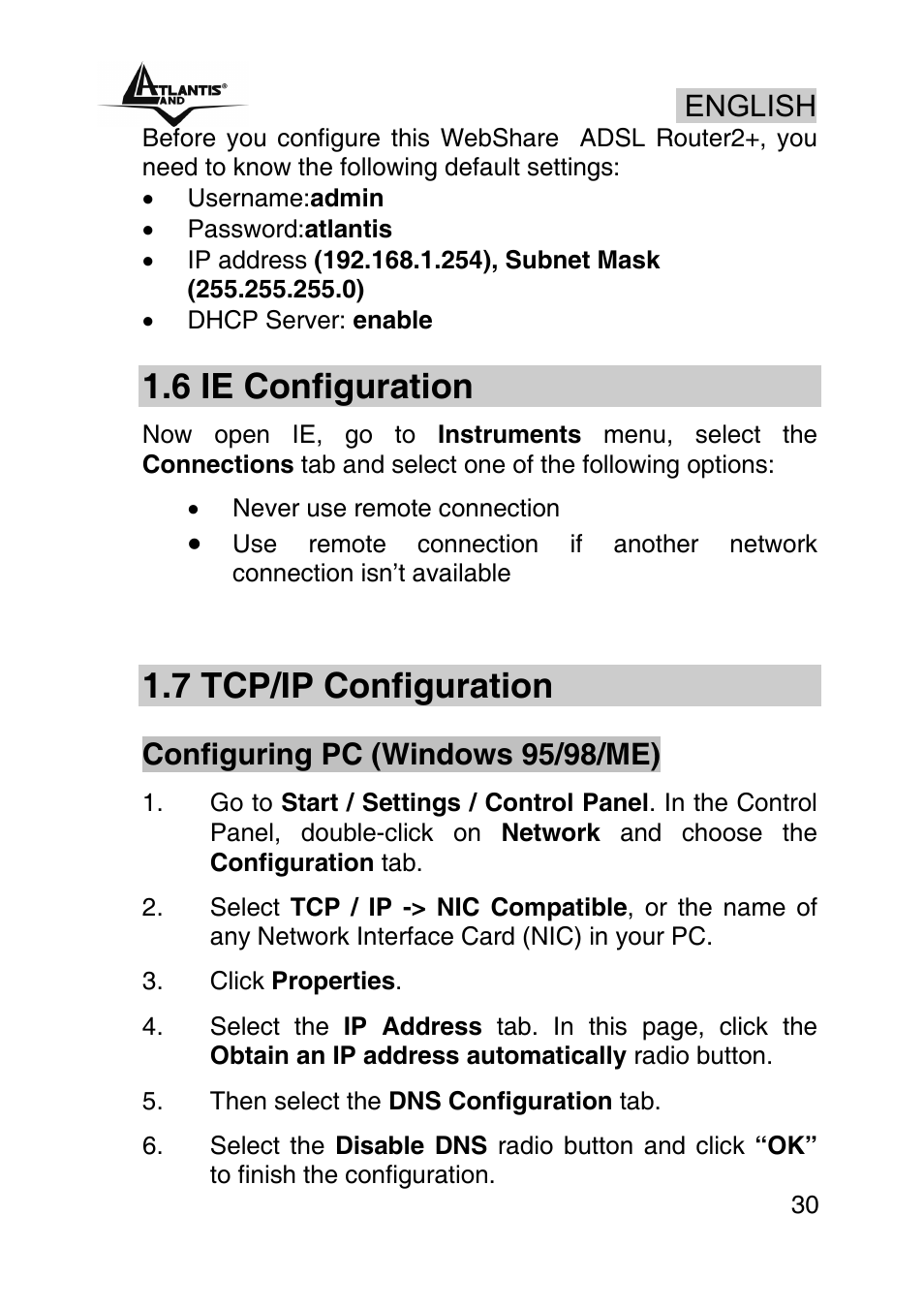 6 ie configuration, 7 tcp/ip configuration, English | Configuring pc (windows 95/98/me) | Atlantis Land A02-RA440 User Manual | Page 30 / 81