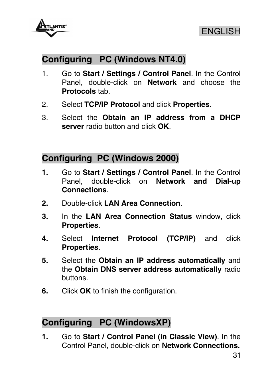 English, Configuring pc (windows nt4.0), Configuring pc (windows 2000) | Configuring pc (windowsxp) | Atlantis Land A02-RA440 User Manual | Page 31 / 81