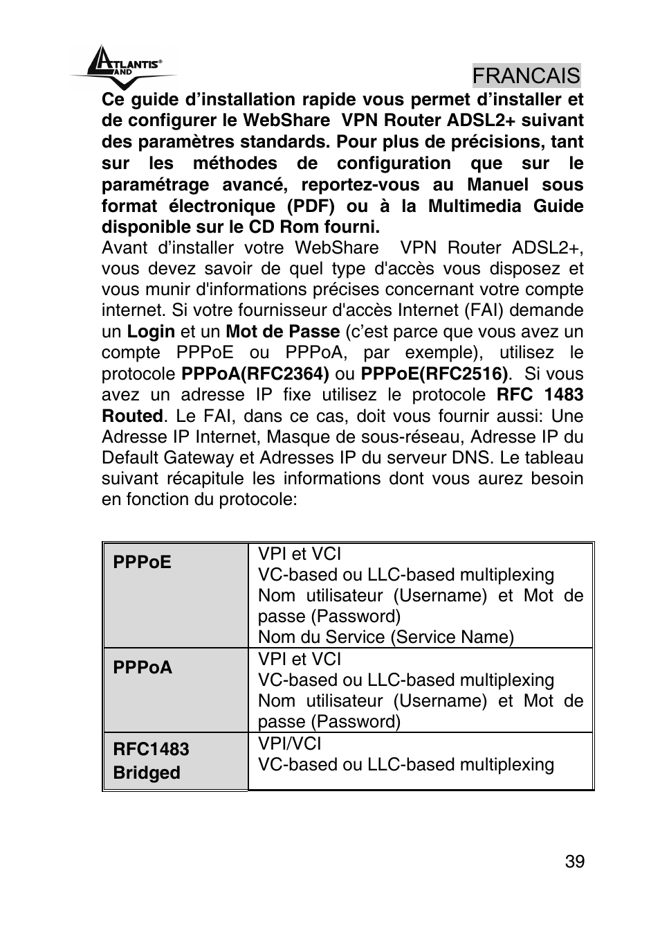 Francais | Atlantis Land A02-RA440 User Manual | Page 39 / 81