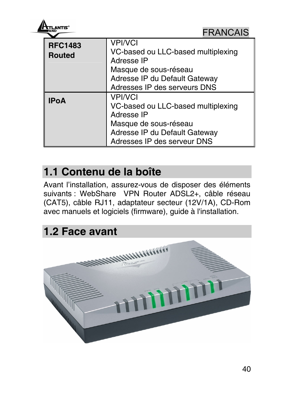 1 contenu de la boîte, 2 face avant | Atlantis Land A02-RA440 User Manual | Page 40 / 81