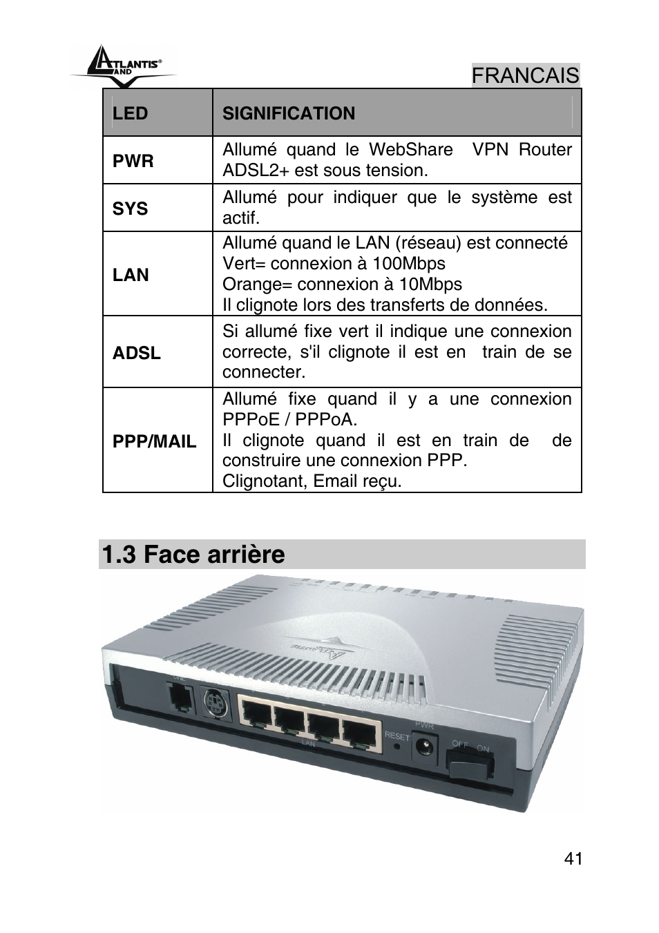 3 face arrière, Francais | Atlantis Land A02-RA440 User Manual | Page 41 / 81