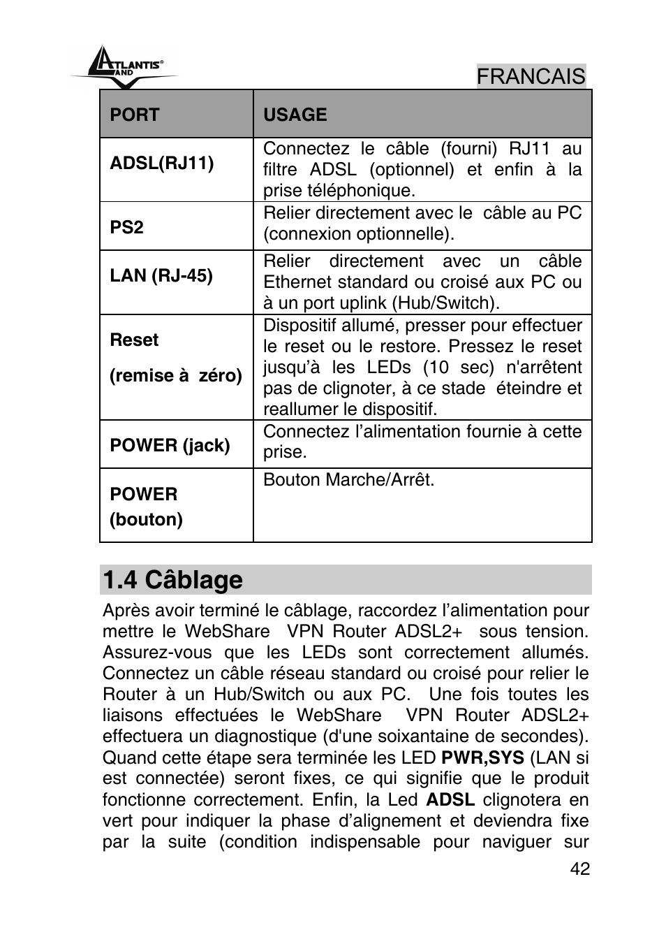 4 câblage, Francais | Atlantis Land A02-RA440 User Manual | Page 42 / 81