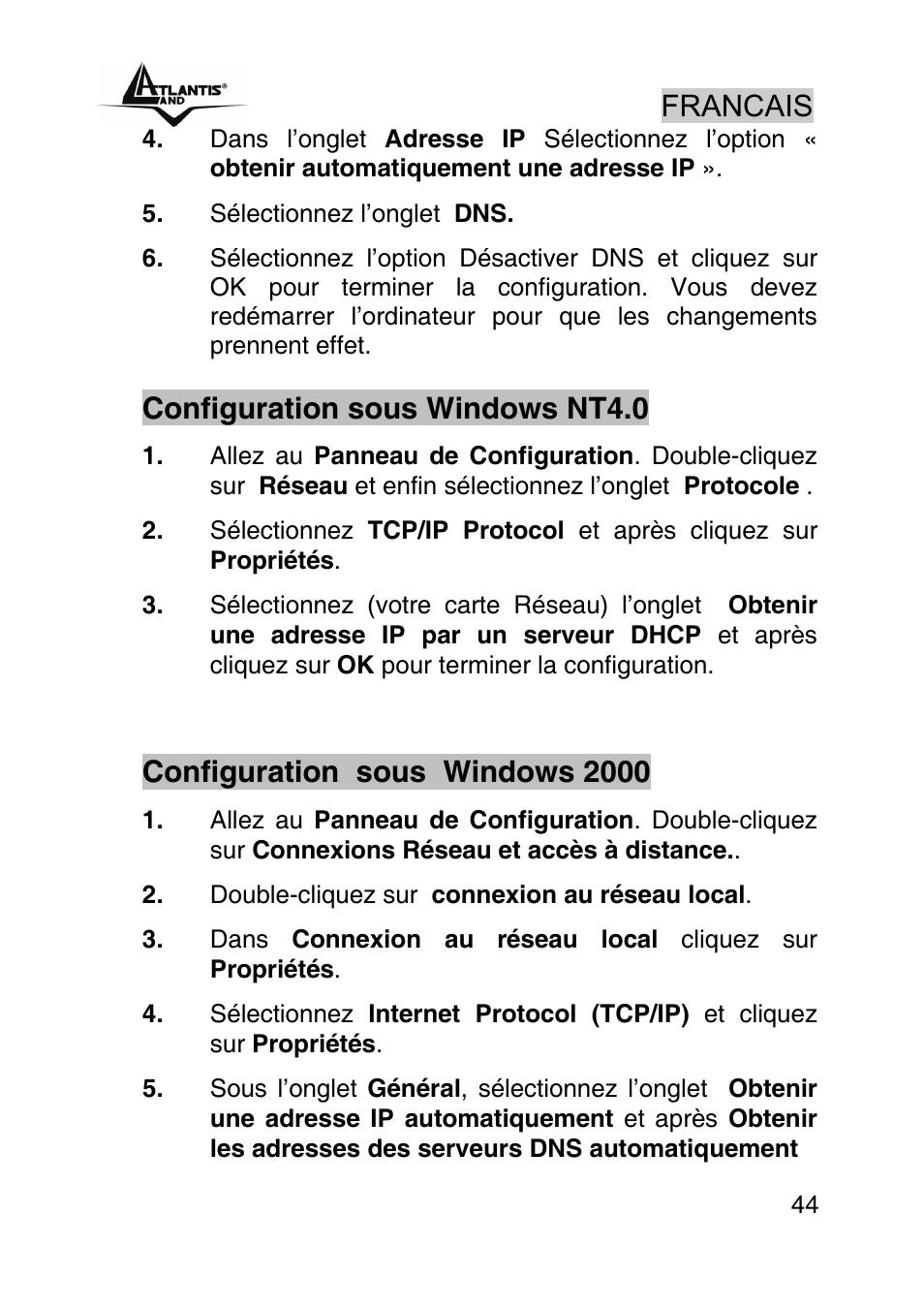 Francais, Configuration sous windows nt4.0, Configuration sous windows 2000 | Atlantis Land A02-RA440 User Manual | Page 44 / 81