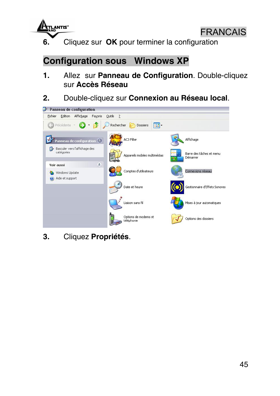 Francais, Configuration sous windows xp | Atlantis Land A02-RA440 User Manual | Page 45 / 81