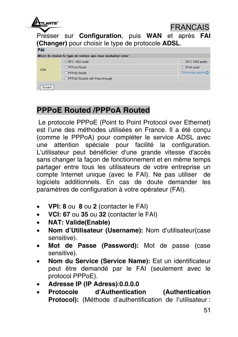 Francais, Pppoe routed /pppoa routed | Atlantis Land A02-RA440 User Manual | Page 51 / 81