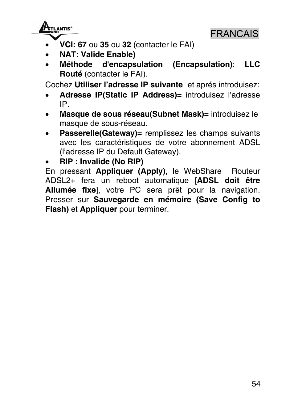 Francais | Atlantis Land A02-RA440 User Manual | Page 54 / 81