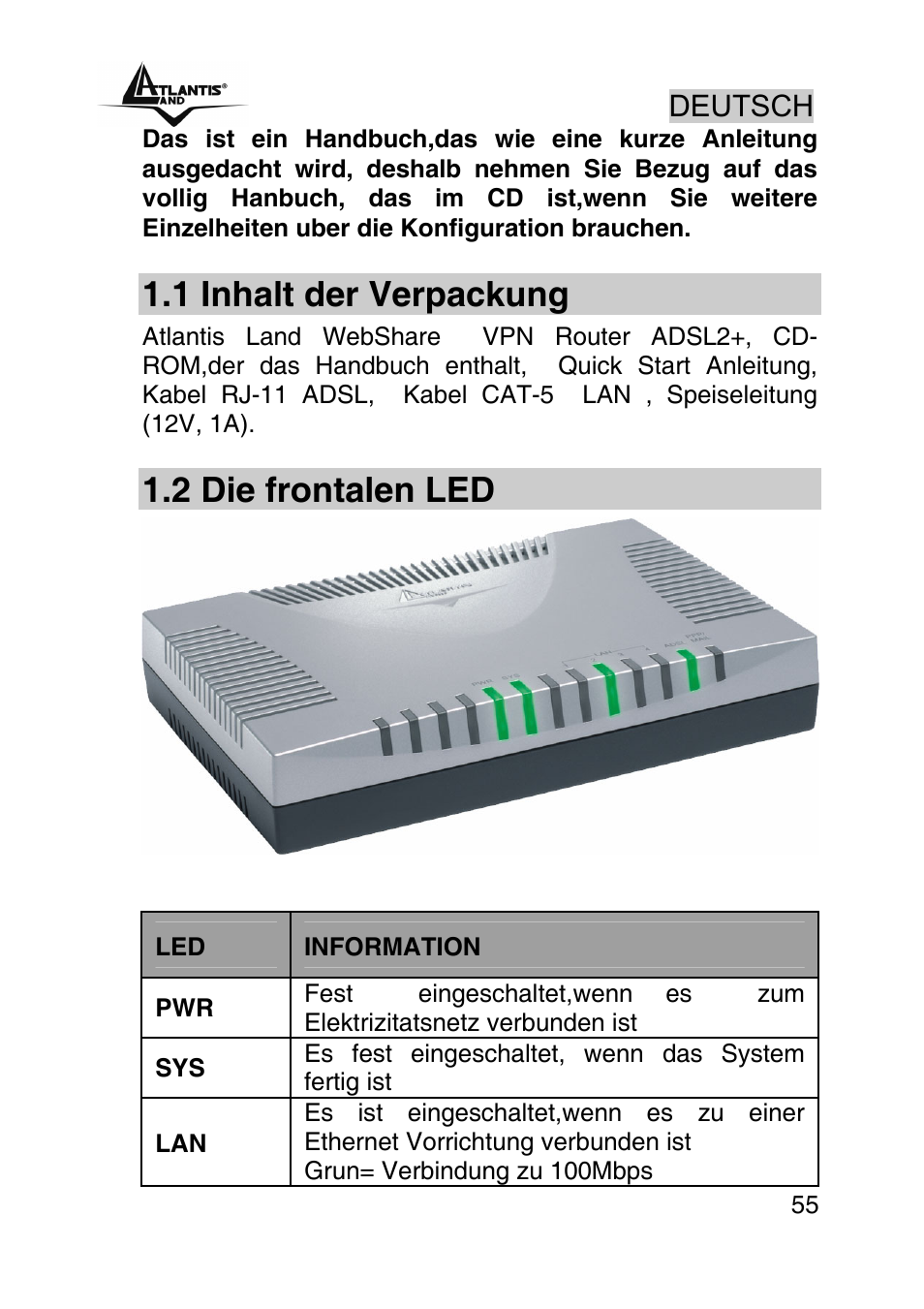 Deutsch, 1 inhalt der verpackung, 2 die frontalen led | Atlantis Land A02-RA440 User Manual | Page 55 / 81