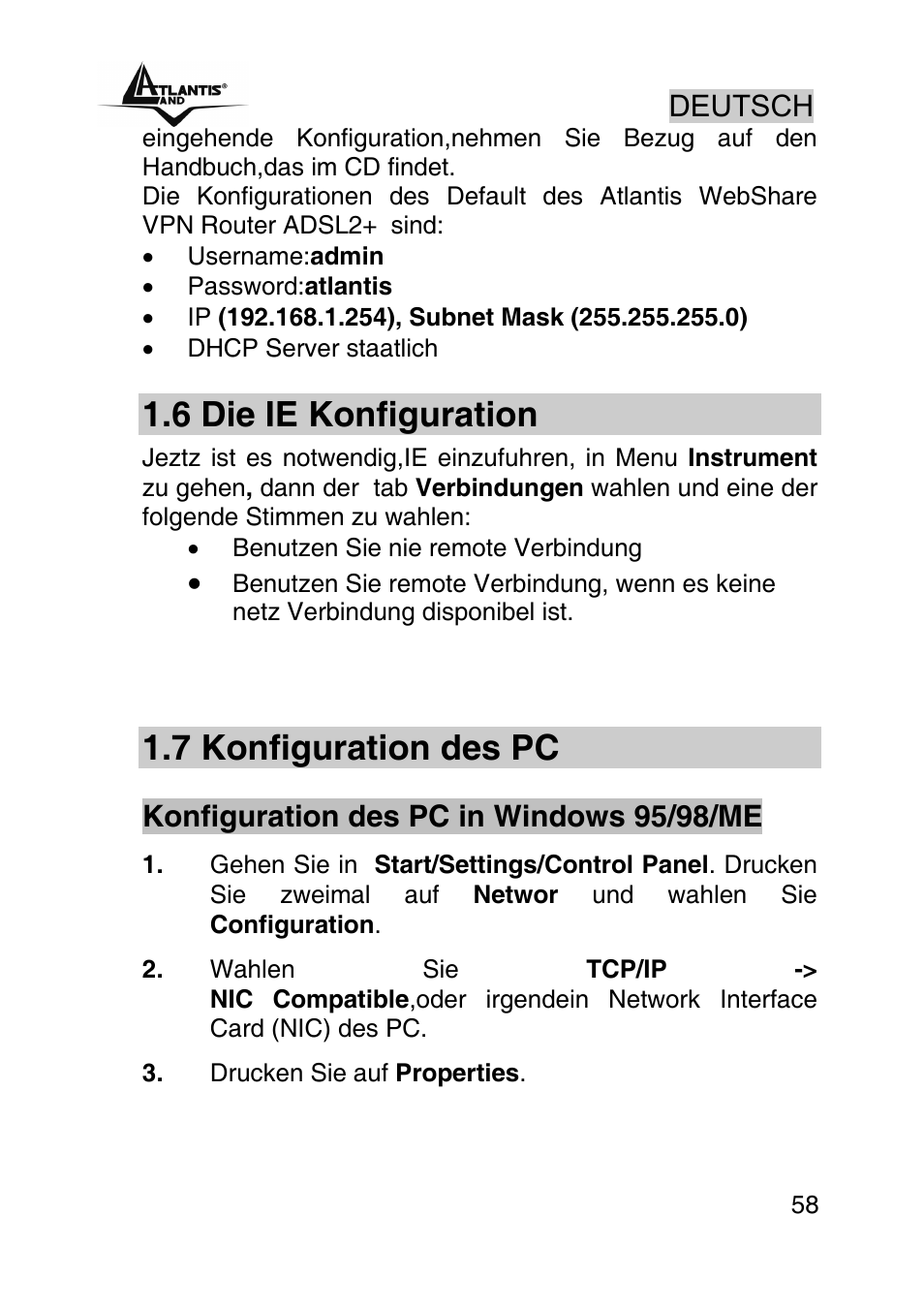 6 die ie konfiguration, 7 konfiguration des pc | Atlantis Land A02-RA440 User Manual | Page 58 / 81