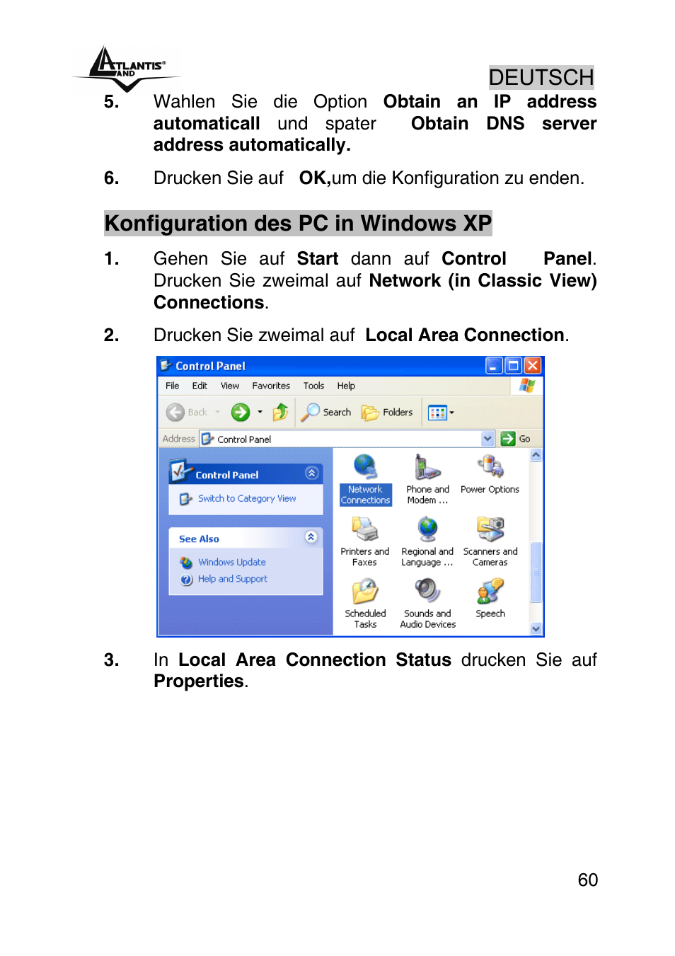 Deutsch, Konfiguration des pc in windows xp | Atlantis Land A02-RA440 User Manual | Page 60 / 81