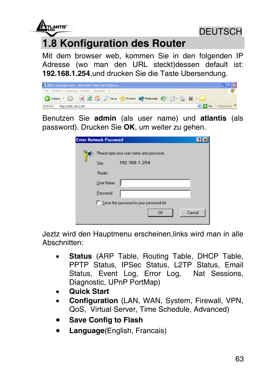 8 konfiguration des router, Deutsch | Atlantis Land A02-RA440 User Manual | Page 63 / 81