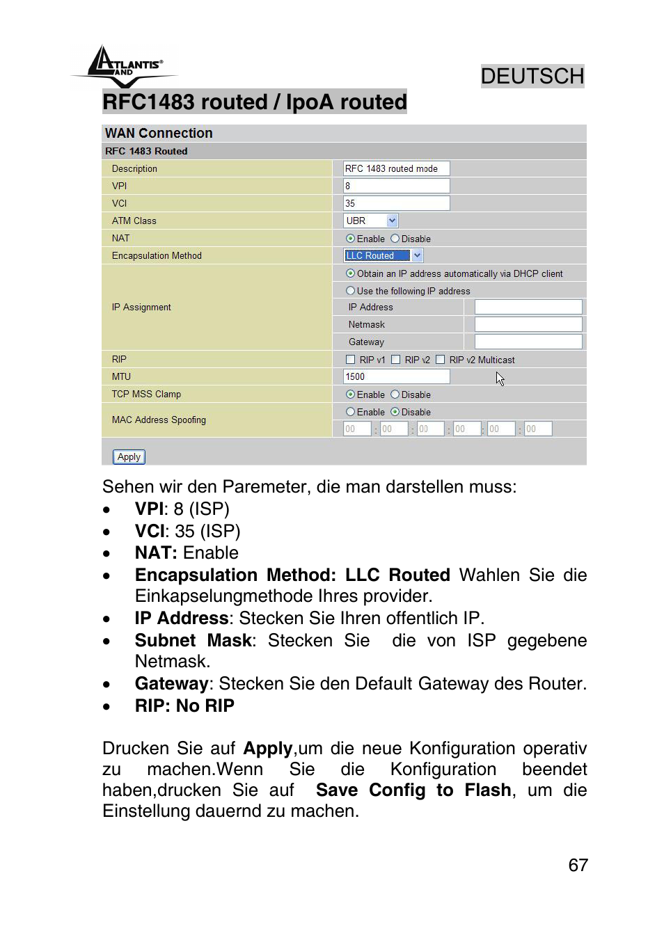 Deutsch, Rfc1483 routed / ipoa routed | Atlantis Land A02-RA440 User Manual | Page 67 / 81